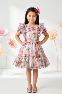 Vibrant White Floral Ruffle Sleeve Dress F572