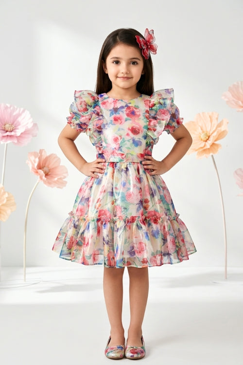 Vibrant White Floral Ruffle Sleeve Dress F572