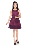 Tiny Girl Wine Sleeveless Party Wear Dress with Sequin Hem & Sling Bag
