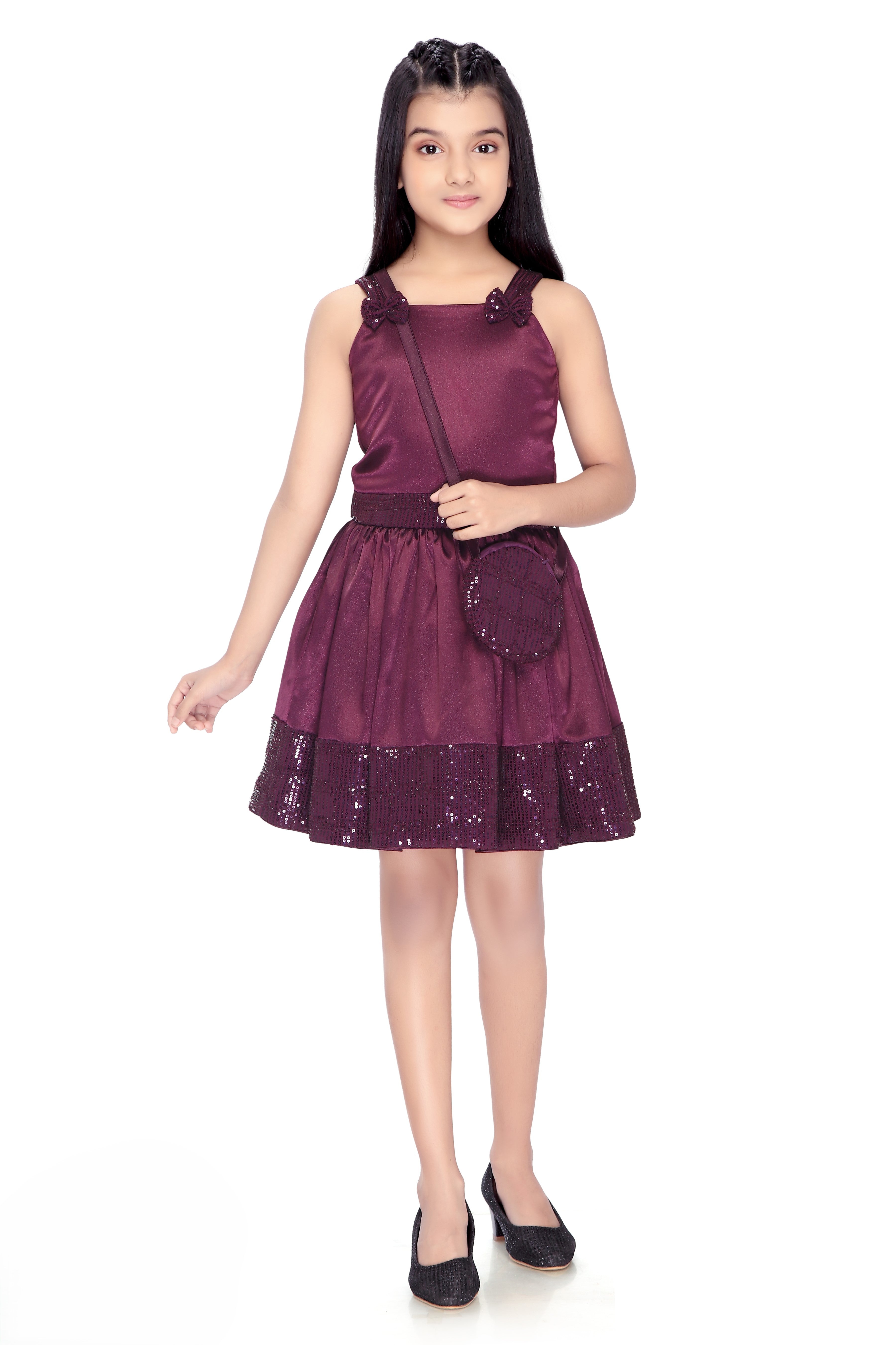 Tiny Girl Wine Sleeveless Party Wear Dress with Sequin Hem & Sling Bag