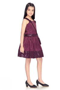 Tiny Girl Wine Sleeveless Party Wear Dress with Sequin Hem & Sling Bag
