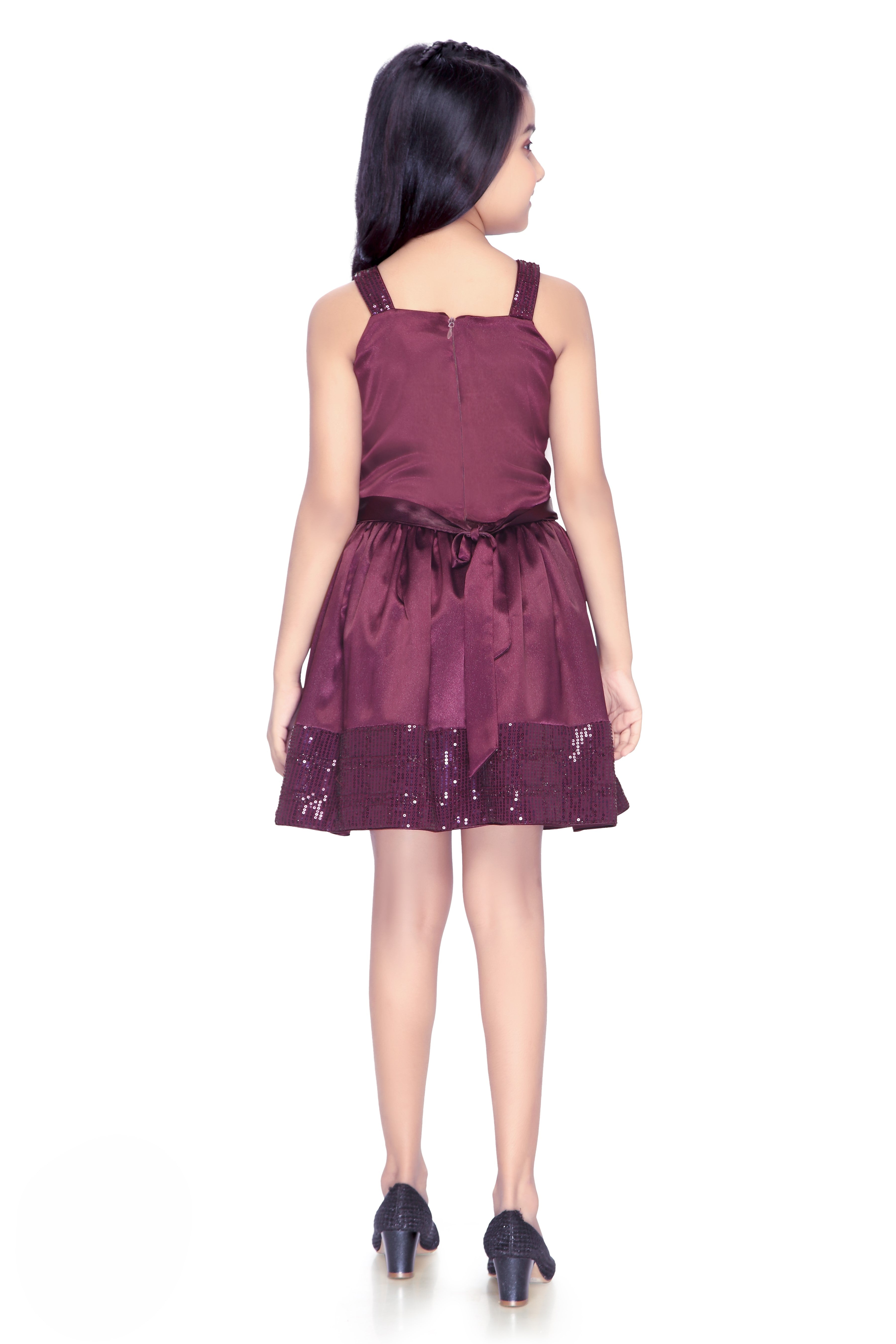 Tiny Girl Wine Sleeveless Party Wear Dress with Sequin Hem & Sling Bag