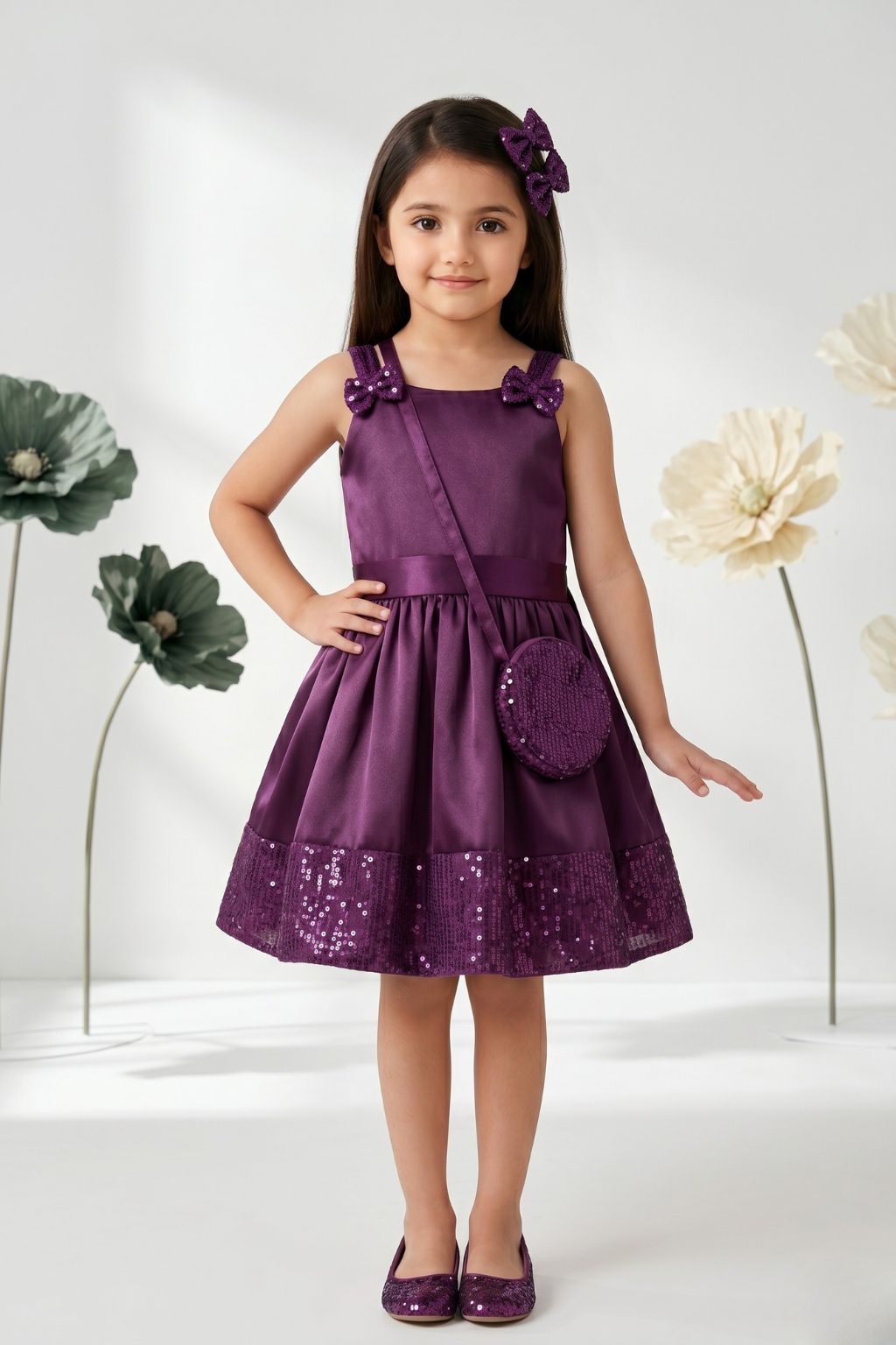Wine Shimmer Party Dress with Sling Bag F575