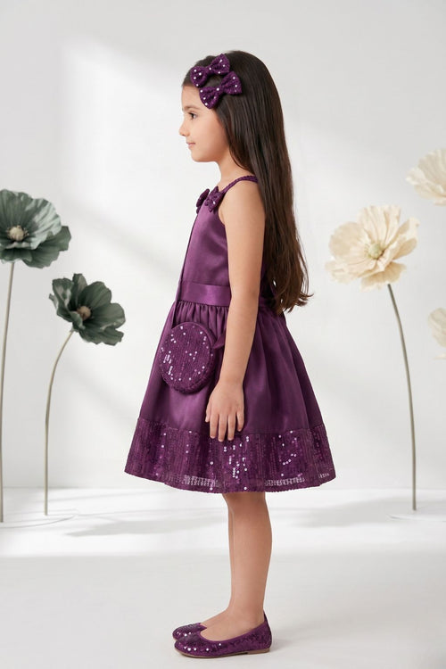 Wine Shimmer Party Dress with Sling Bag F575