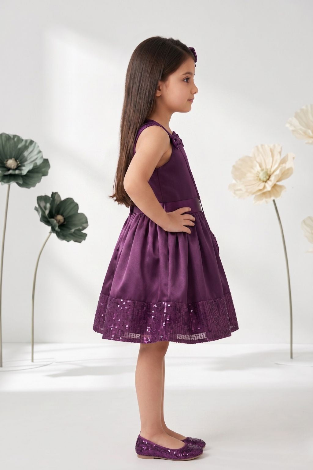 Wine Shimmer Party Dress with Sling Bag F575