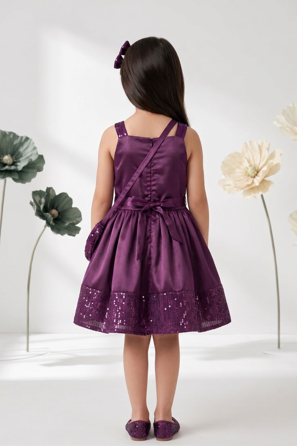 Wine Shimmer Party Dress with Sling Bag F575