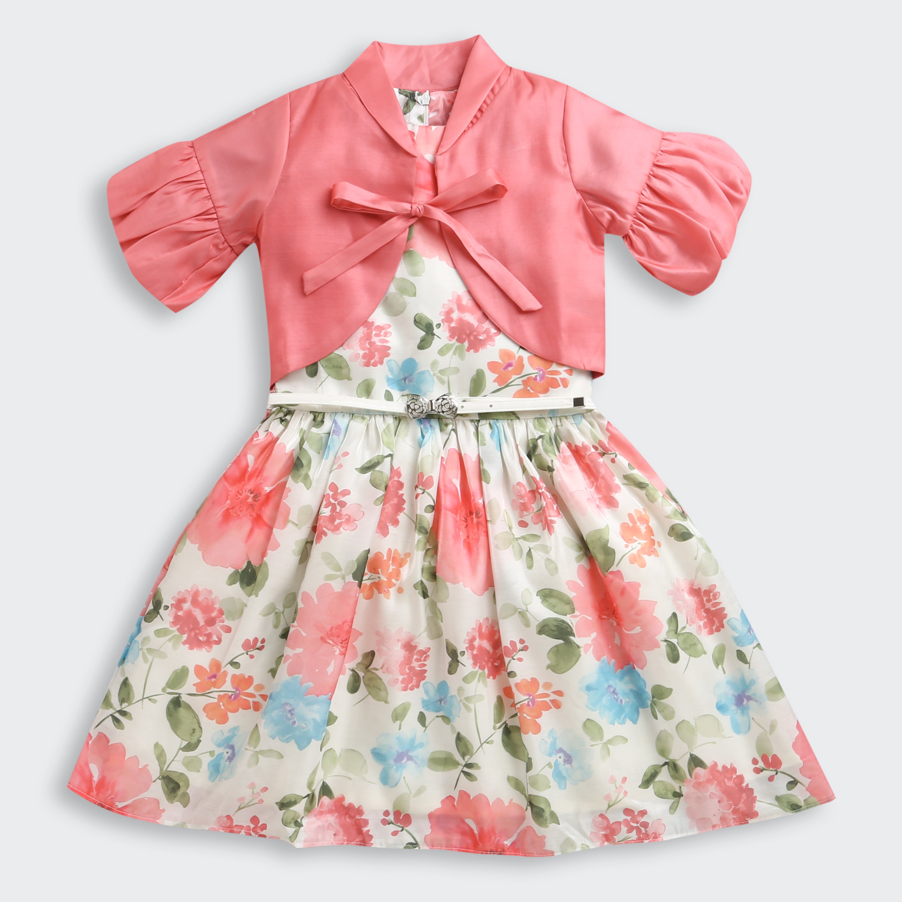 Pink Shrug & Floral Dress Set – Stylish Layered Look