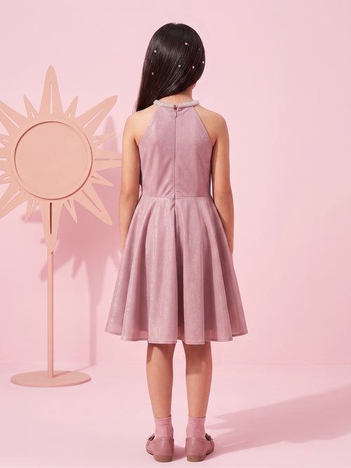 Onion Pink Satin Party Dress with Halter Neck & Flare Skirt F582