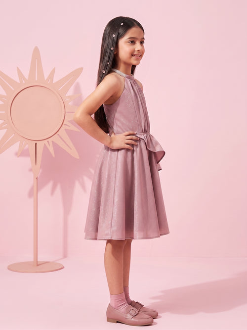 Onion Pink Satin Party Dress with Halter Neck & Flare Skirt F582