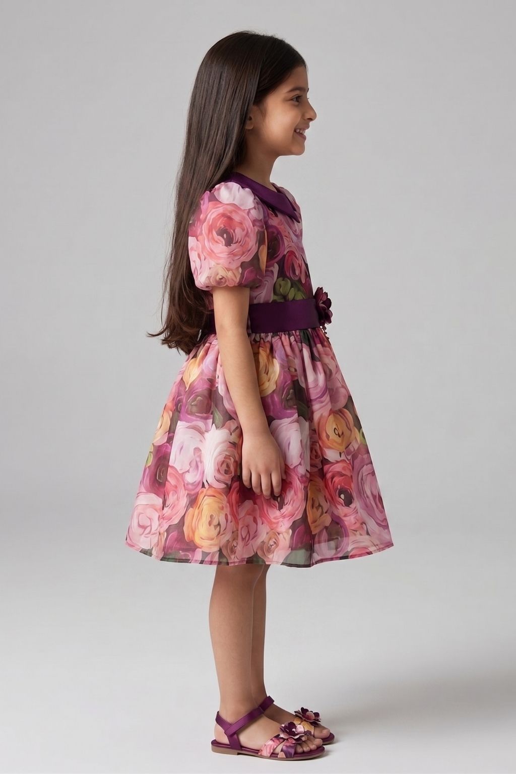 Wine Floral Printed Party Dress with Puff Sleeves & Satin Waistband F593