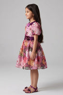 Wine Floral Printed Party Dress with Puff Sleeves & Satin Waistband F593