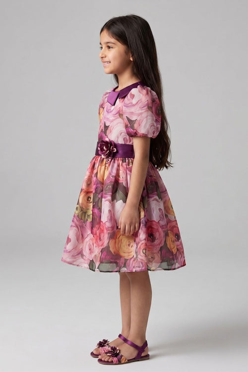 Wine Floral Printed Party Dress with Puff Sleeves & Satin Waistband F593