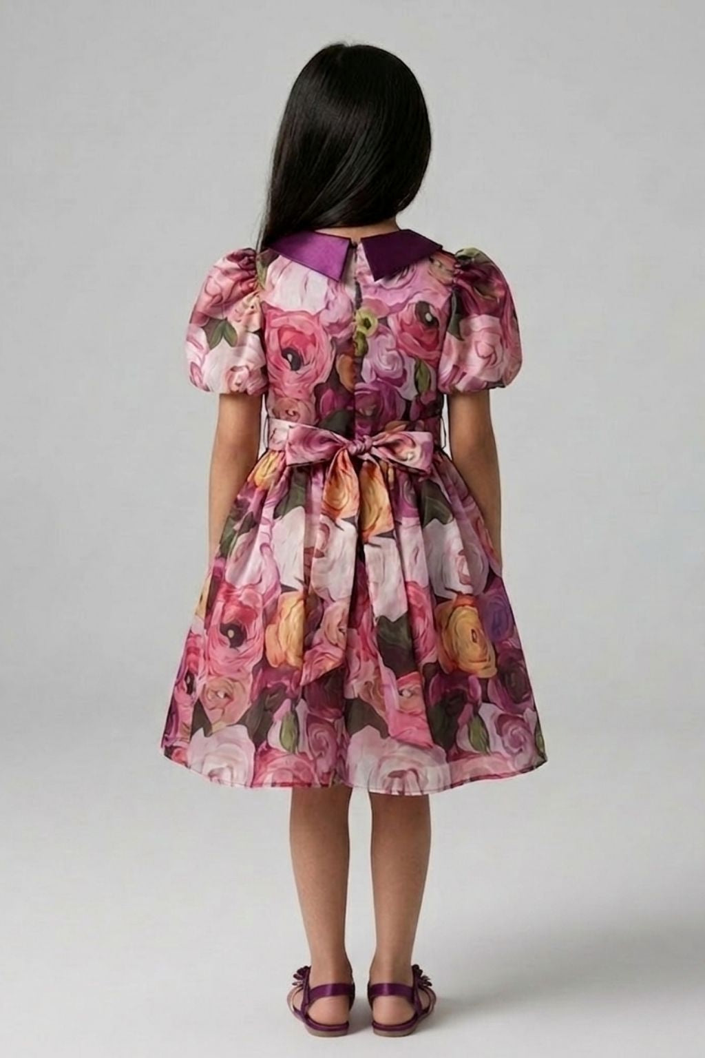 Wine Floral Printed Party Dress with Puff Sleeves & Satin Waistband F593
