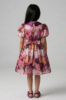 Wine Floral Printed Party Dress with Puff Sleeves & Satin Waistband F593