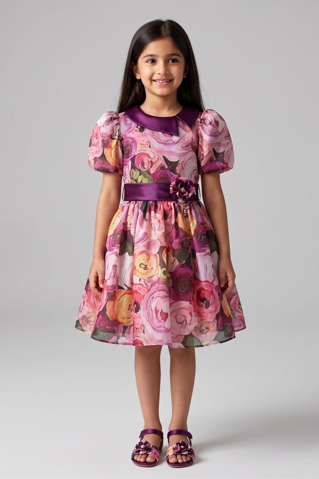 Wine Floral Printed Party Dress with Puff Sleeves & Satin Waistband F593