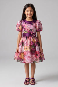 Wine Floral Printed Party Dress with Puff Sleeves & Satin Waistband F593