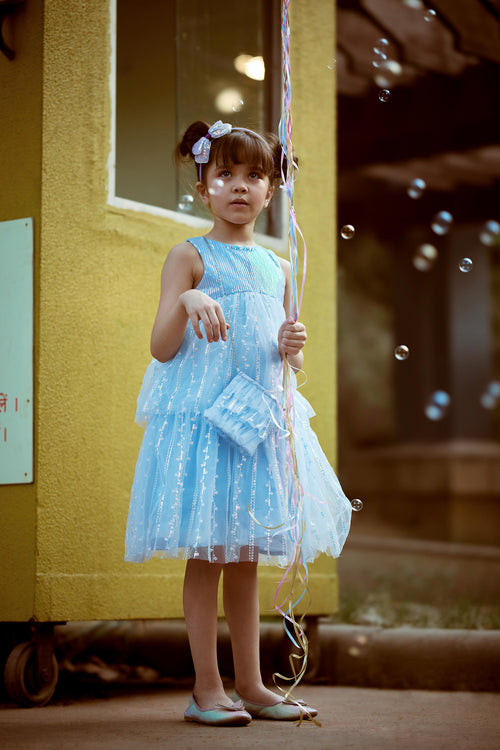 Girls Sparkle Blue Tulle Dress F609