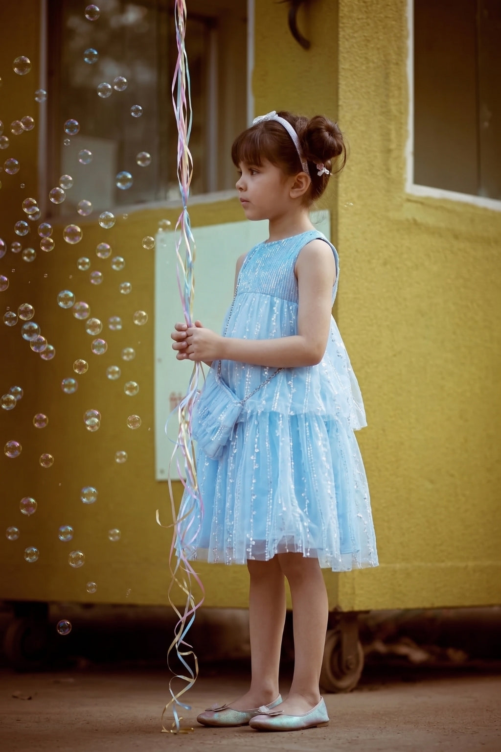Girls Sparkle Blue Tulle Dress F609