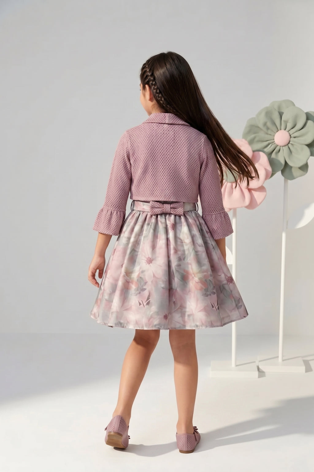Pink Floral Dress with Matching Shrug F611