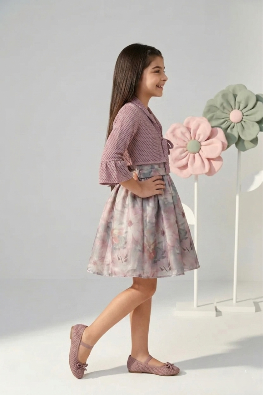 Pink Floral Dress with Matching Shrug F611