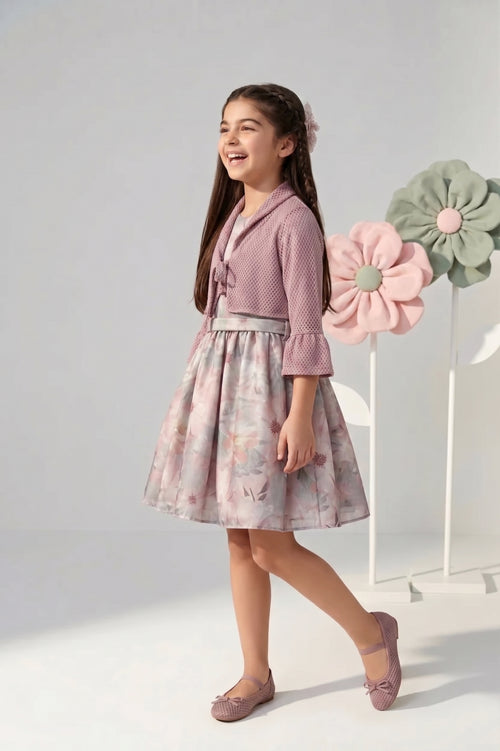 Pink Floral Dress with Matching Shrug F611