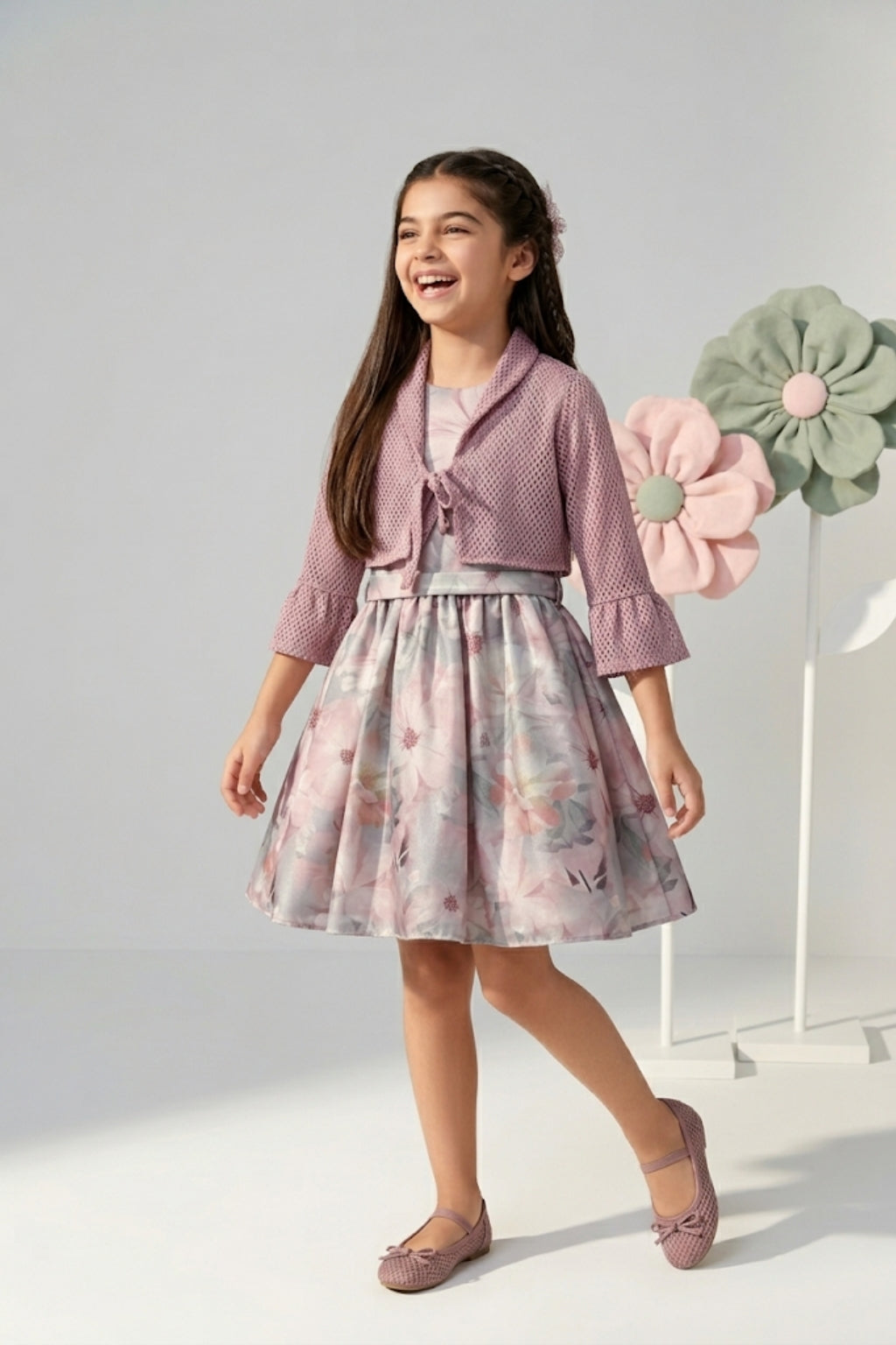 Pink Floral Dress with Matching Shrug F611