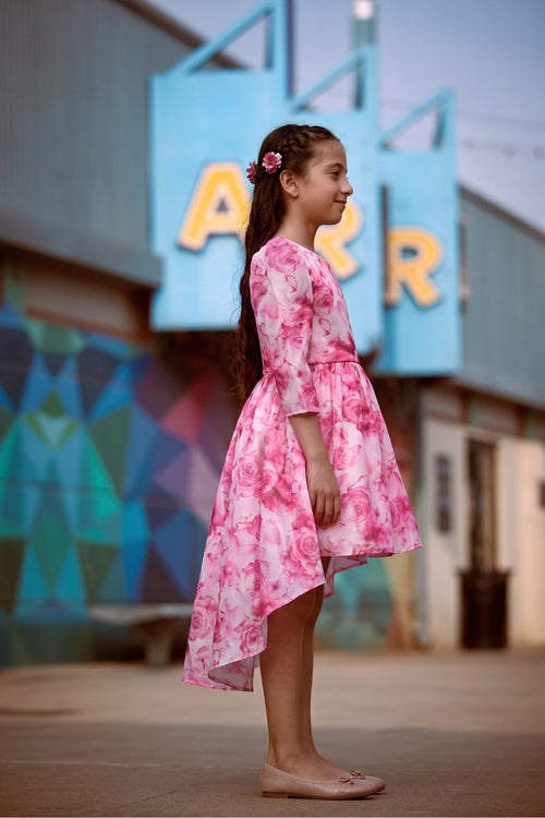 Pink Floral High-Low Dress F618