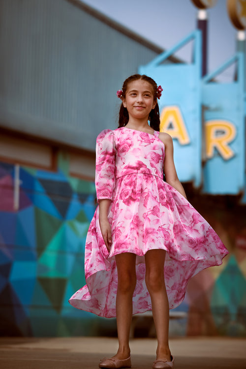 Pink Floral High-Low Dress F618