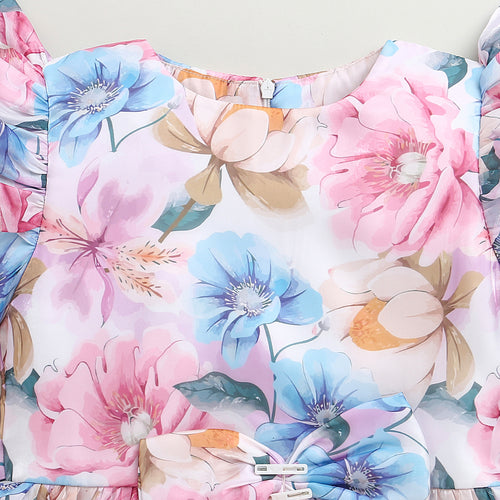 Charming Pastel Floral Puff Sleeve Dress F619
