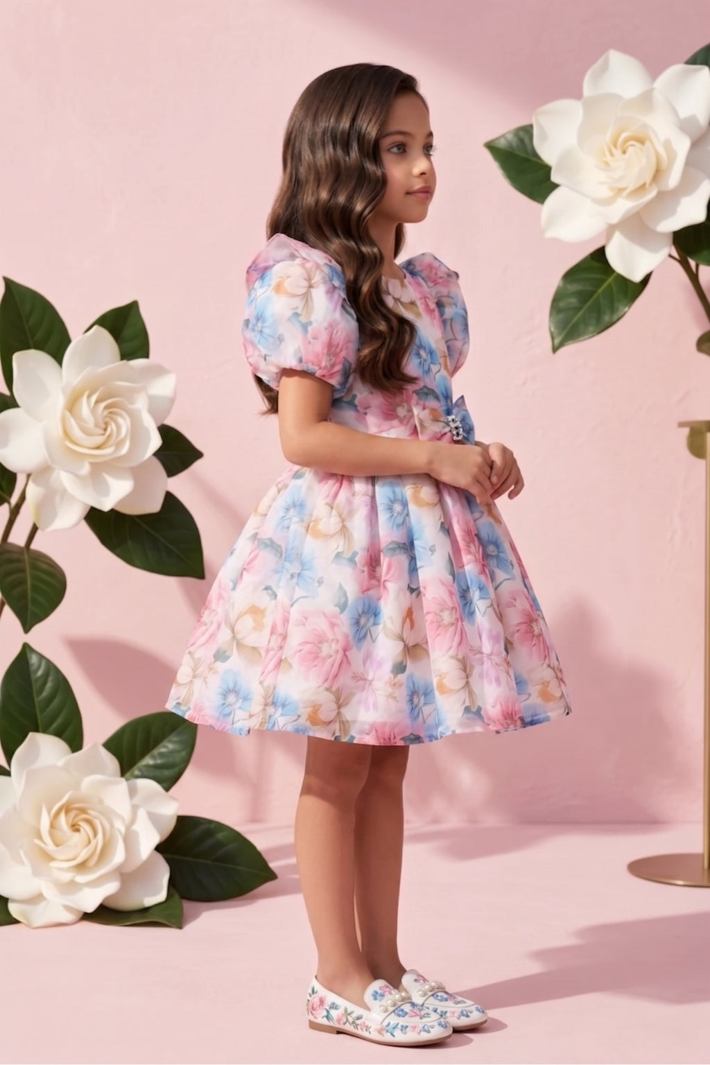 Charming Pastel Floral Puff Sleeve Dress F619