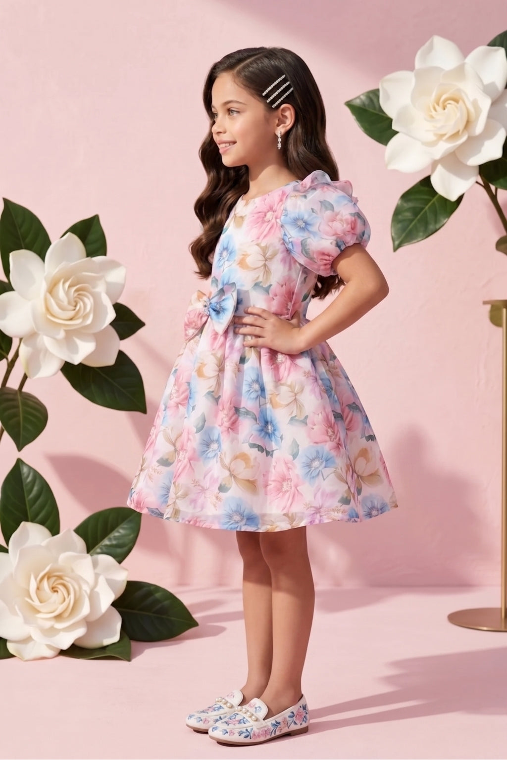 Charming Pastel Floral Puff Sleeve Dress F619