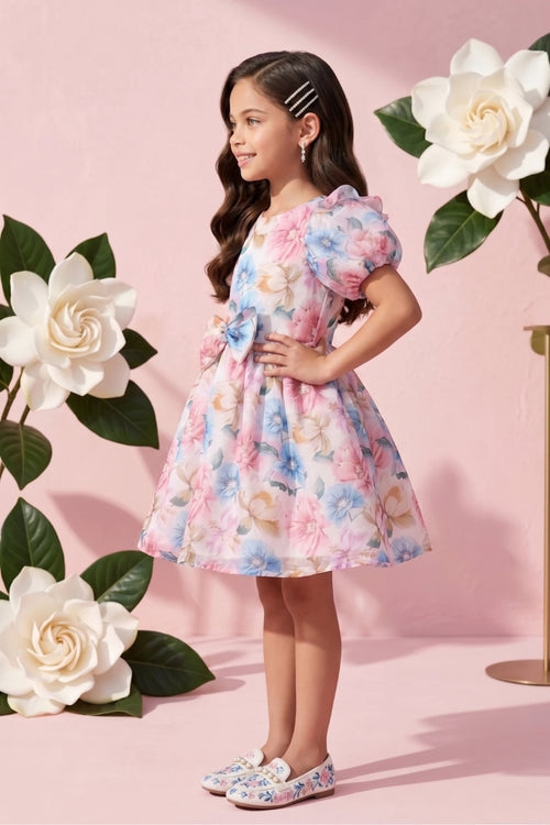 Charming Pastel Floral Puff Sleeve Dress F619
