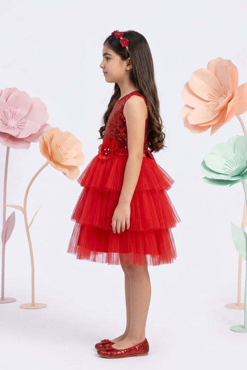 Sparkly Princess Red Sequin & Tulle Layered Dress F628