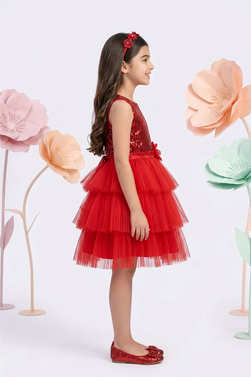 Sparkly Princess Red Sequin & Tulle Layered Dress F628