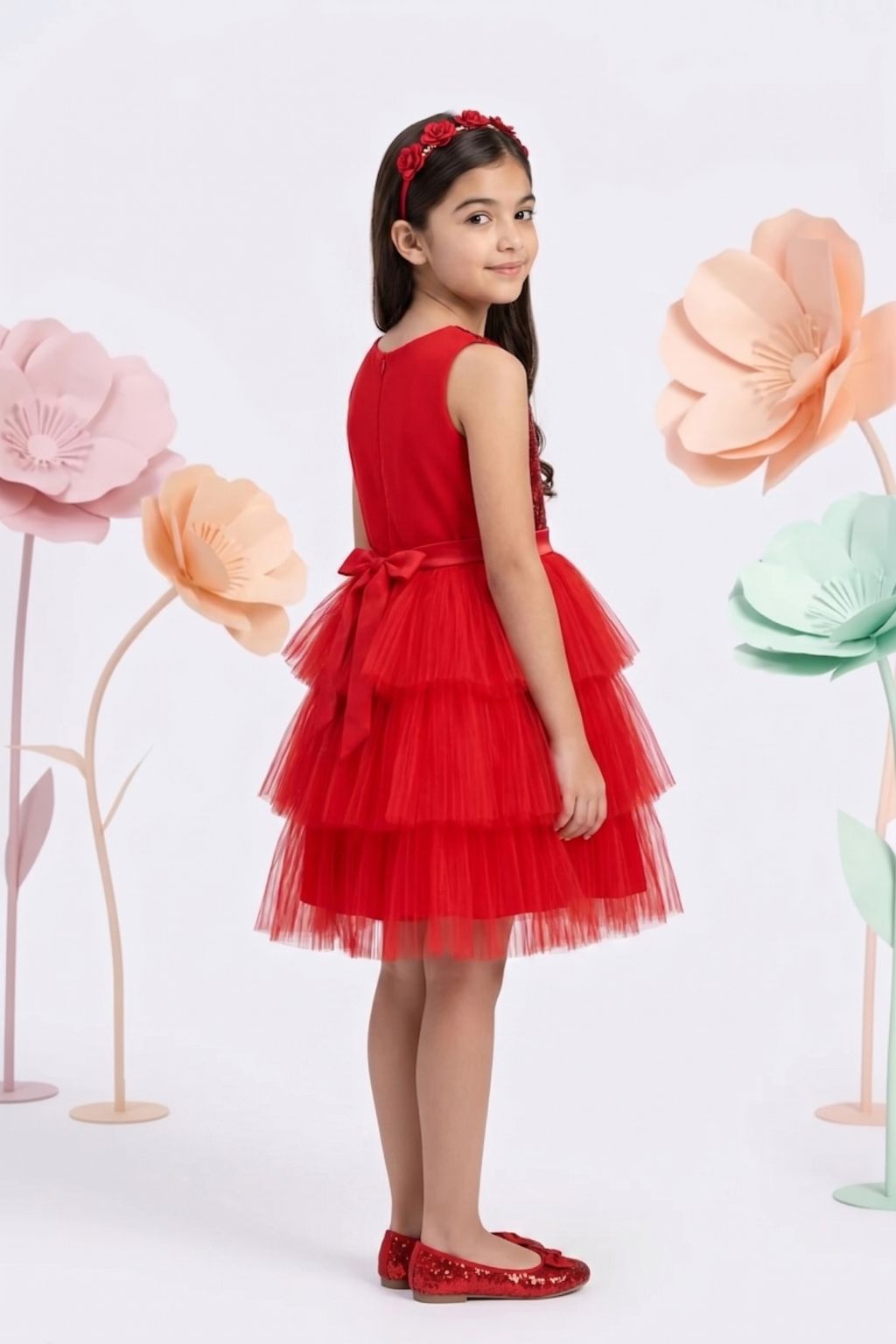 Sparkly Princess Red Sequin & Tulle Layered Dress F628