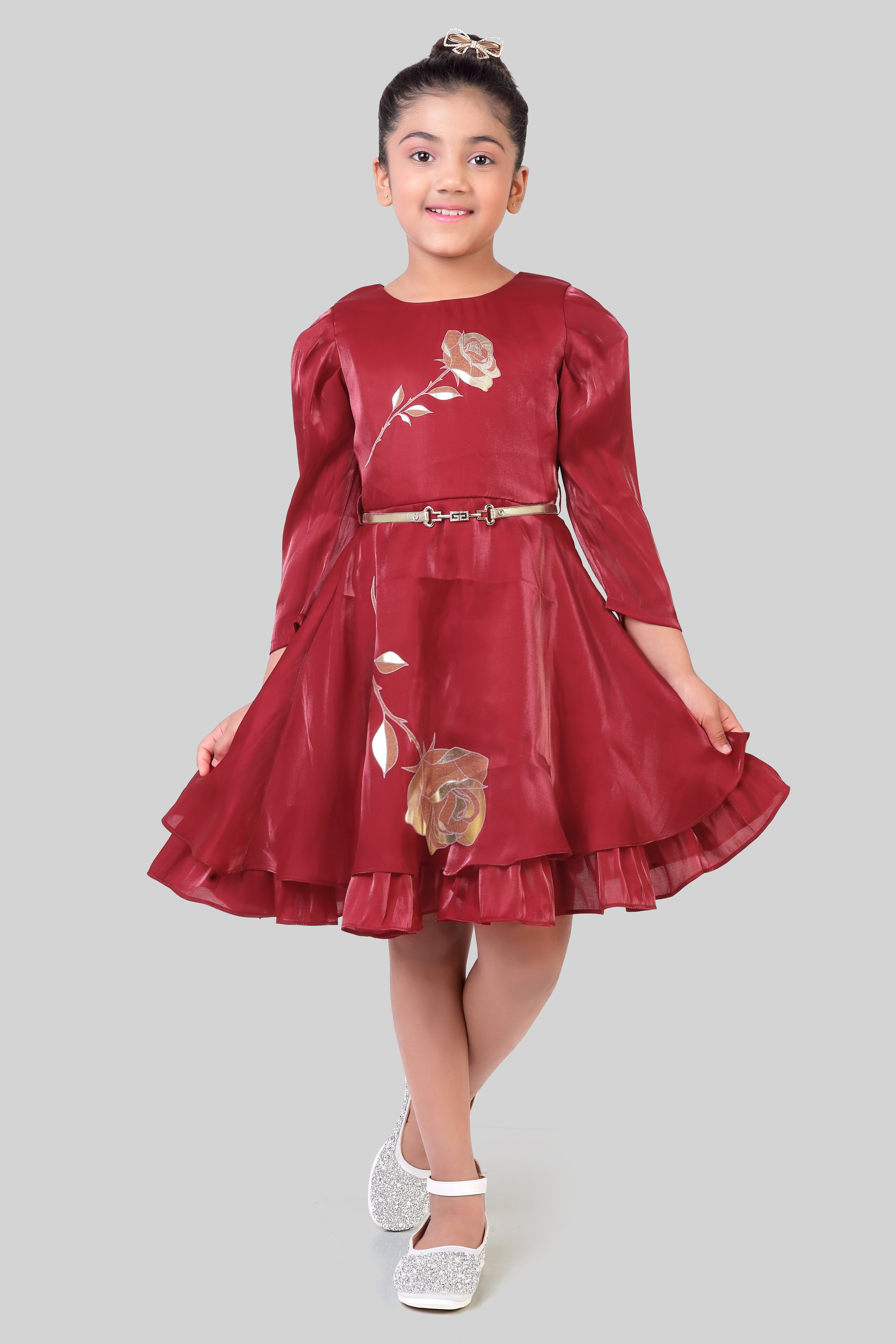 TinyGirls Maroon Floral Party Dress – Elegant Western Wear India