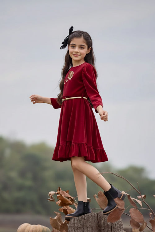 Elegant Maroon Floral Party Dress F641
