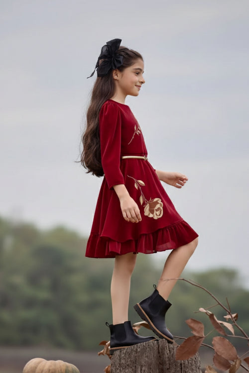 Elegant Maroon Floral Party Dress F641
