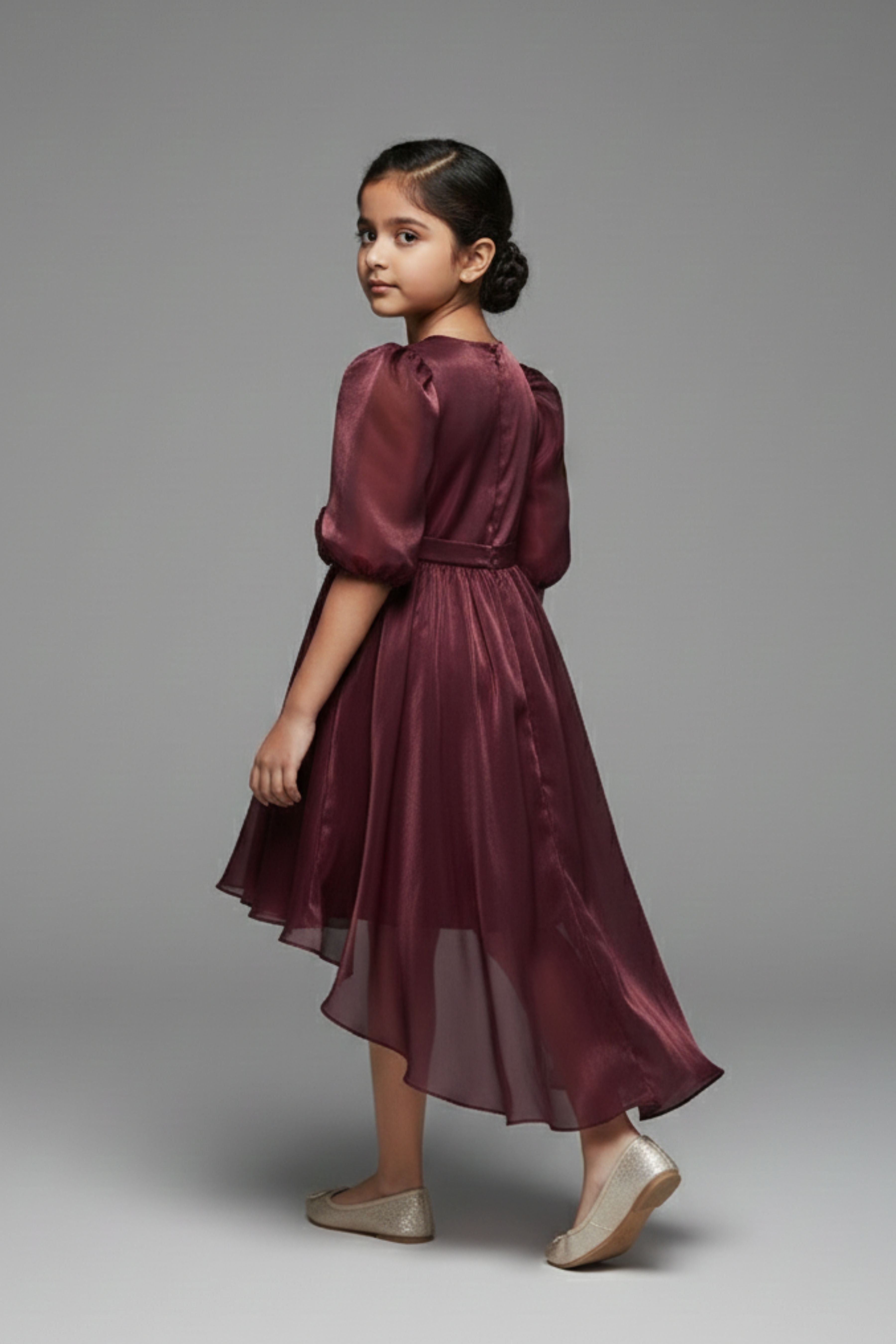 Tiny Girl Girls Party Dress Wine Solid Satin Winter Wear