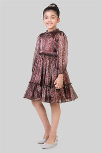 TinyGirls Maroon Printed Party Dress – Elegant Tiered Fit & Flare