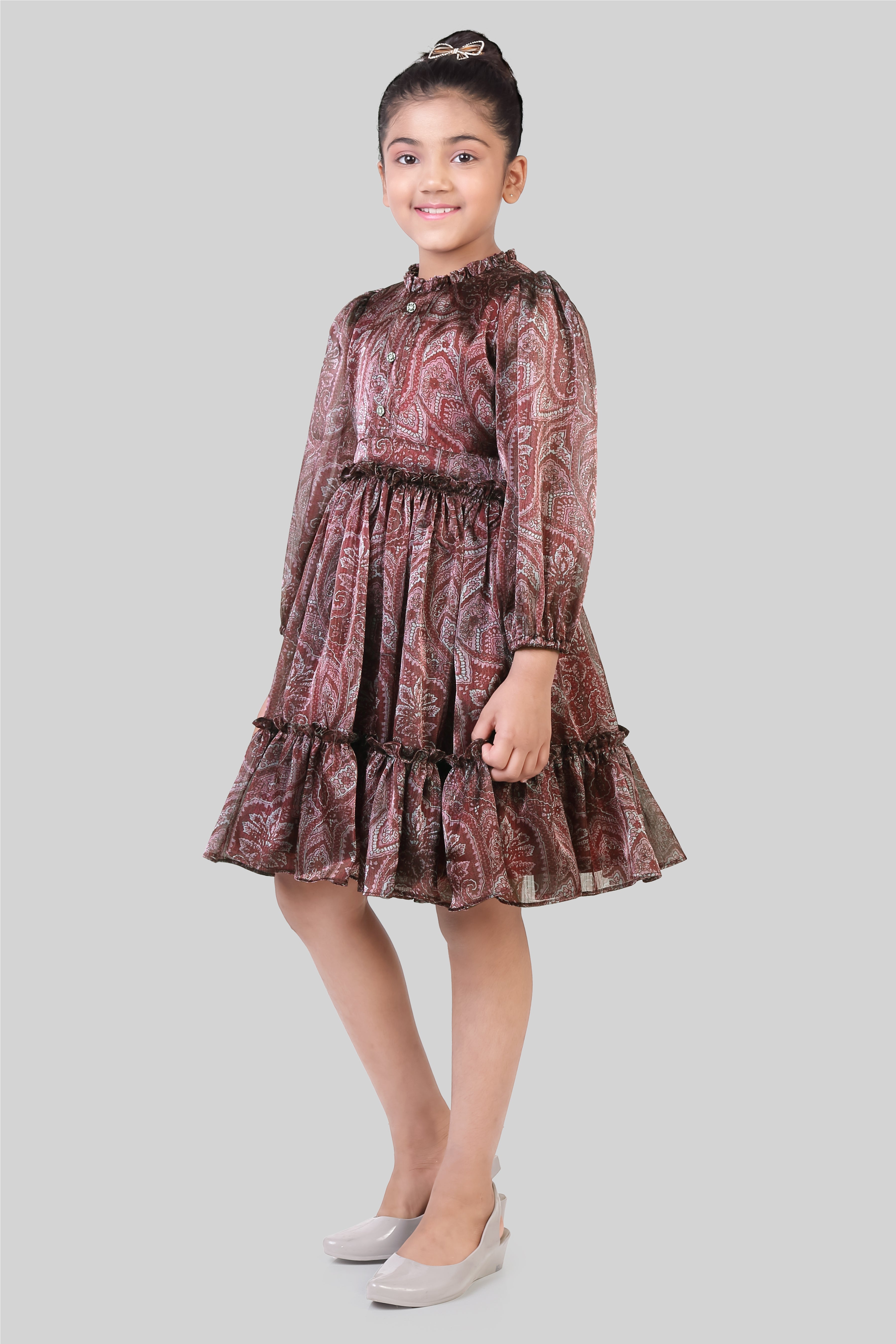 TinyGirls Maroon Printed Party Dress – Elegant Tiered Fit & Flare