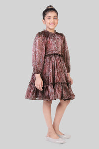 TinyGirls Maroon Printed Party Dress – Elegant Tiered Fit & Flare