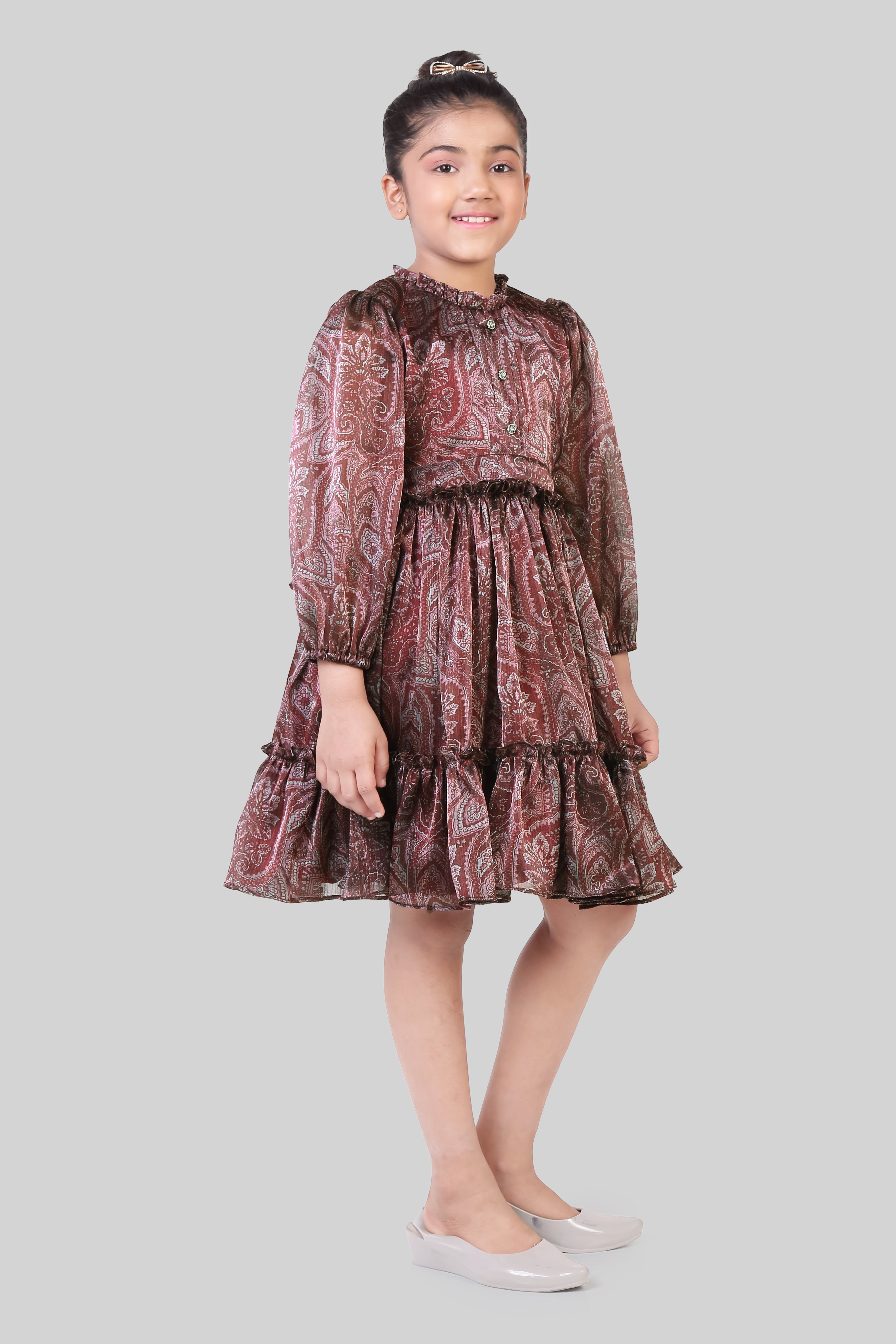 TinyGirls Maroon Printed Party Dress – Elegant Tiered Fit & Flare