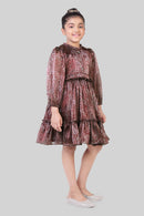 TinyGirls Maroon Printed Party Dress – Elegant Tiered Fit & Flare