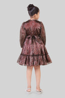 TinyGirls Maroon Printed Party Dress – Elegant Tiered Fit & Flare