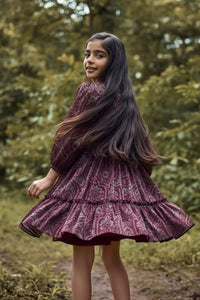 Tiny Girl Maroon Printed Party Dress – Elegant Tiered Fit & Flare