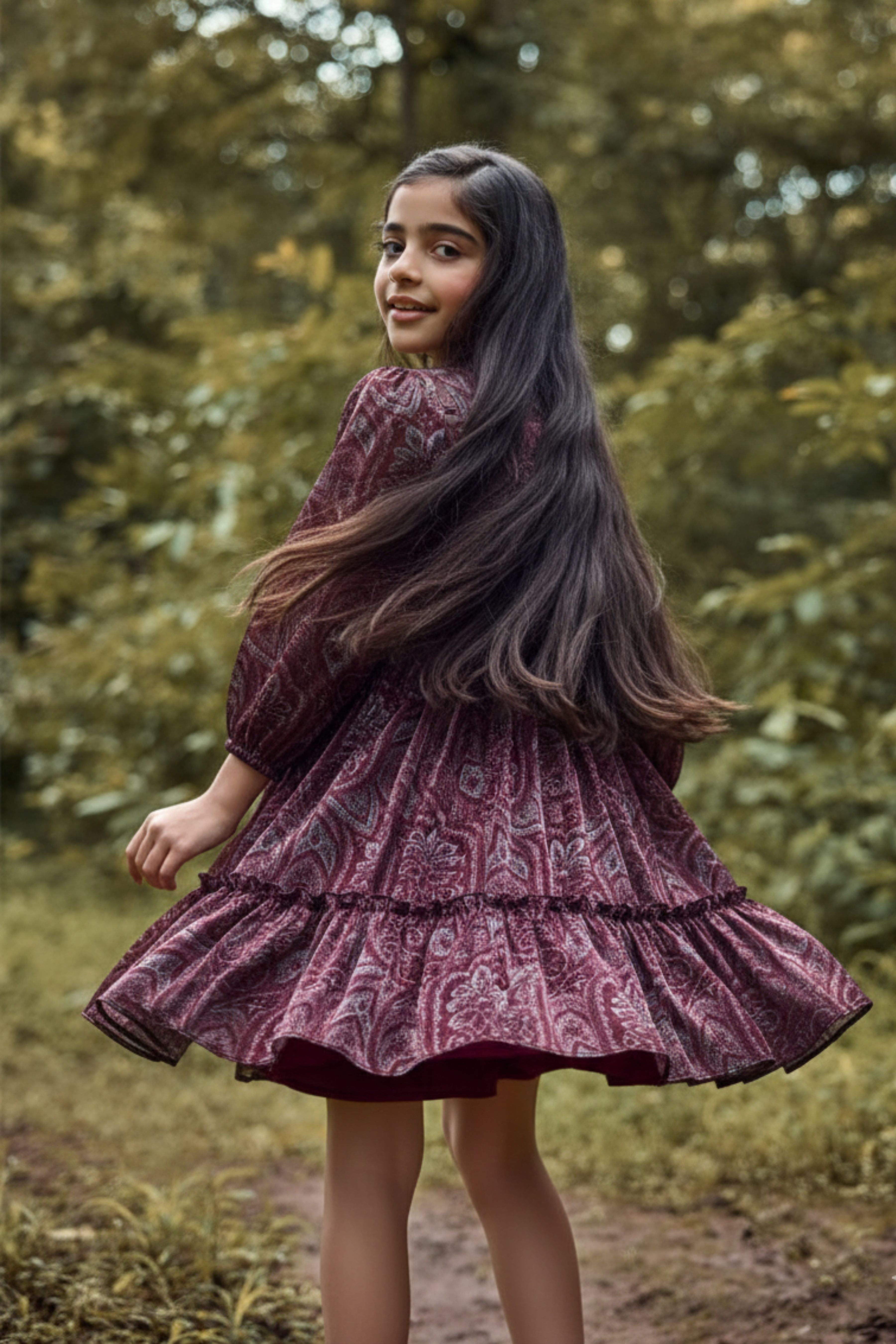 Tiny Girl Maroon Printed Party Dress – Elegant Tiered Fit & Flare