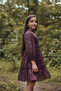 Tiny Girl Maroon Printed Party Dress – Elegant Tiered Fit & Flare