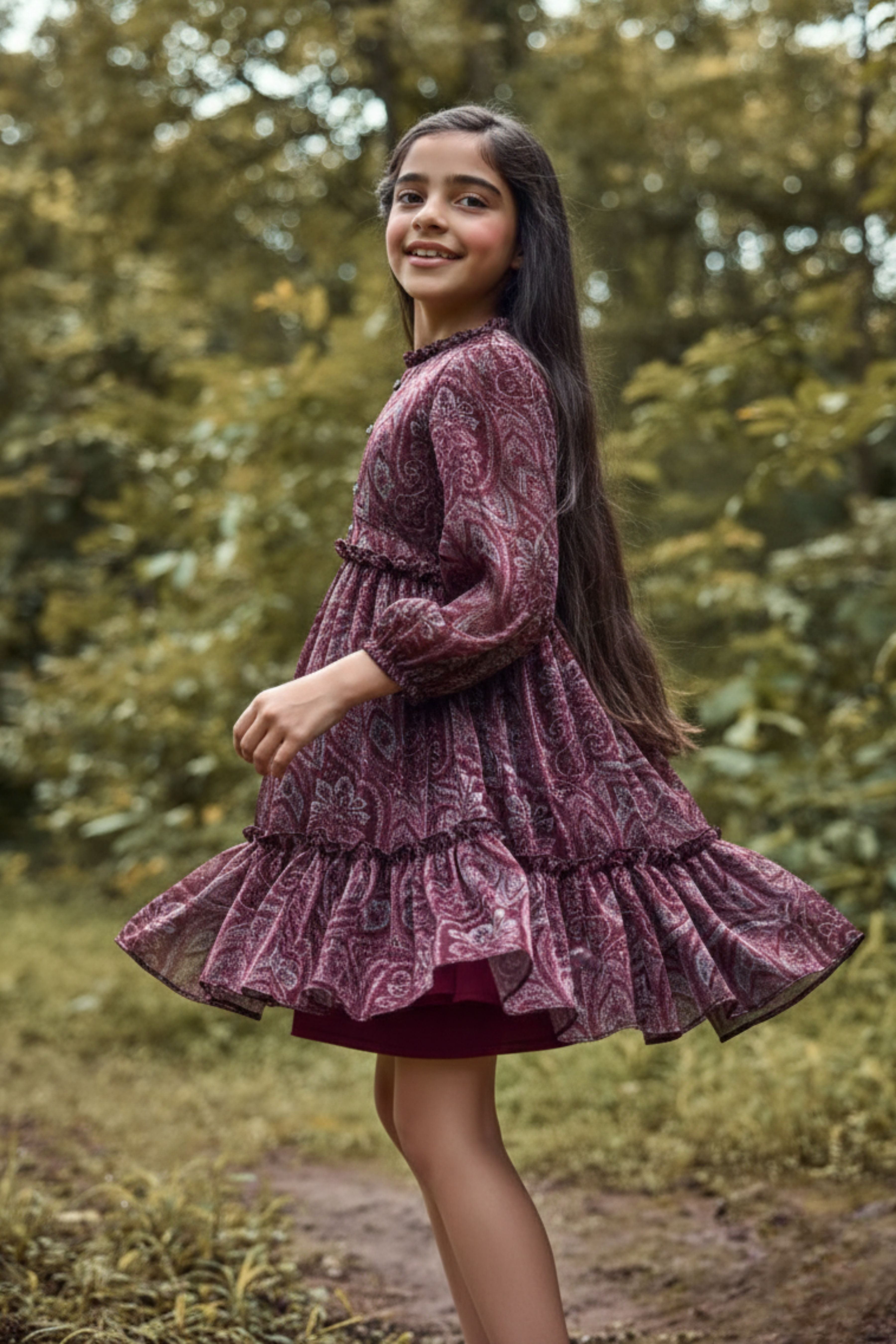 Tiny Girl Maroon Printed Party Dress – Elegant Tiered Fit & Flare