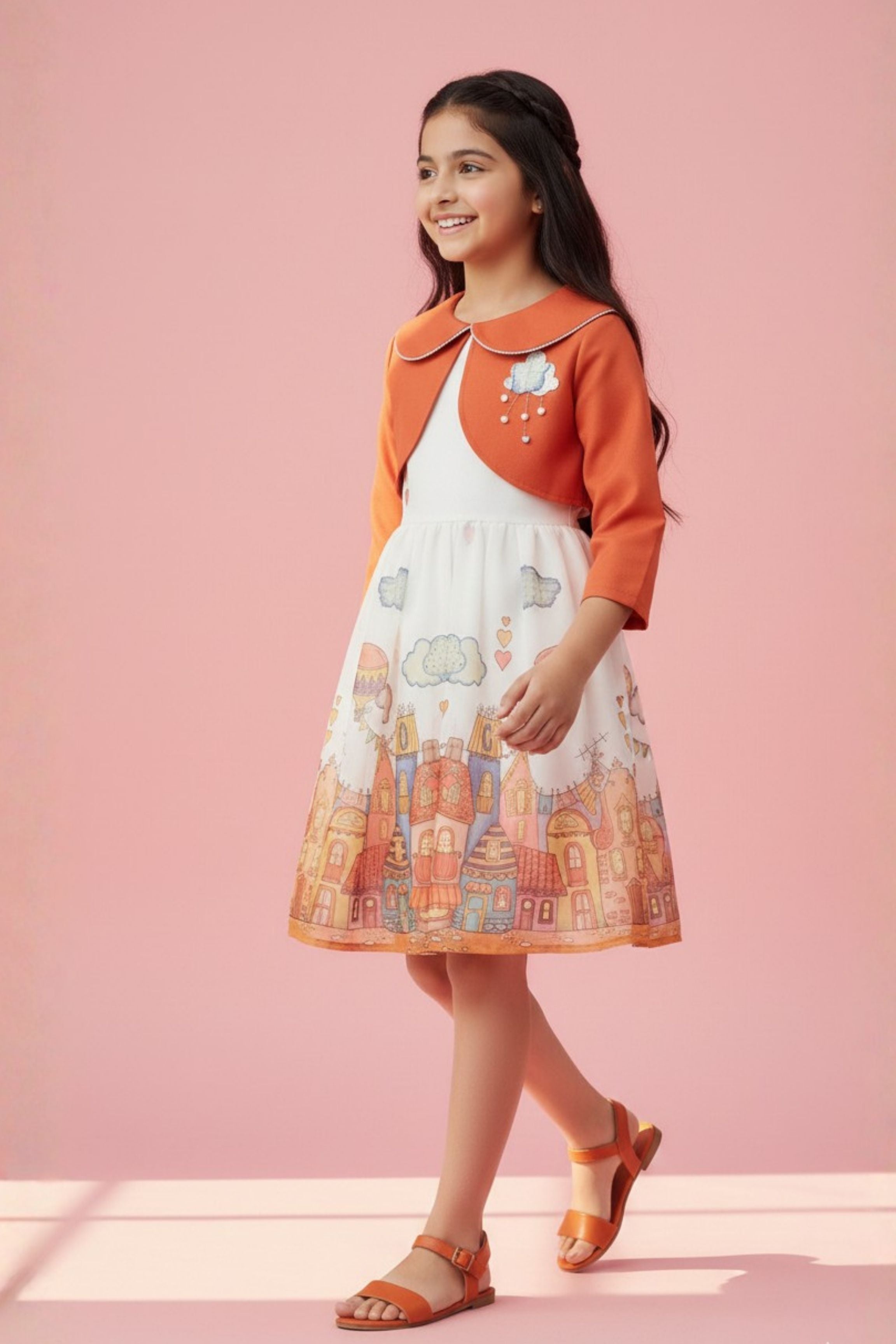 Printed Sleeveless Dress with Rust Bolero F659